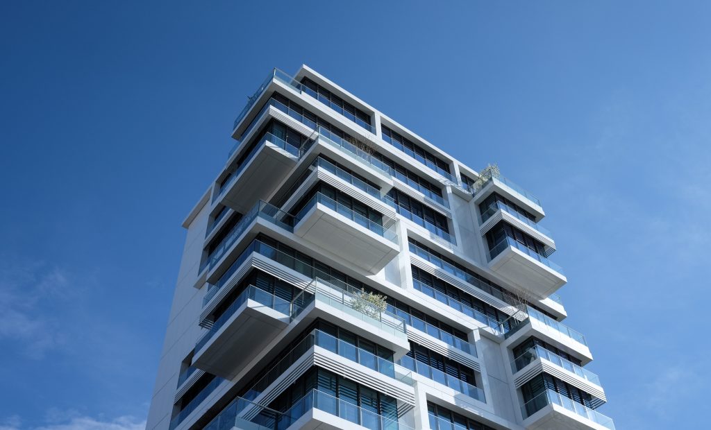 Worm's eye view of modern, angular Markham condominium