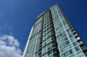Trendy Markham condominium with blue-tinted glass windows